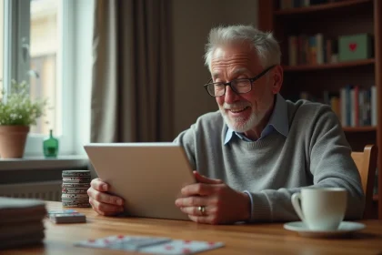 Homme d'âge moyen jouant à la belote sur une tablette à la maison