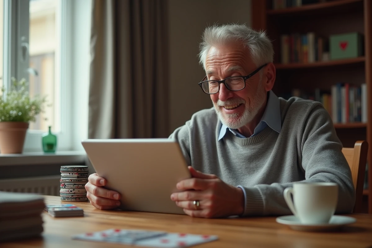 Homme d'âge moyen jouant à la belote sur une tablette à la maison