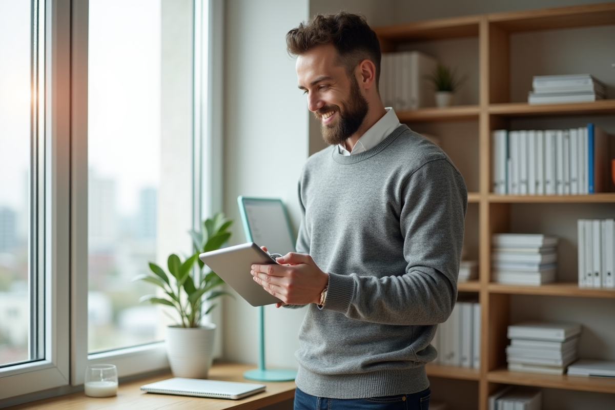Homme détendu regardant sa tablette dans un bureau lumineux