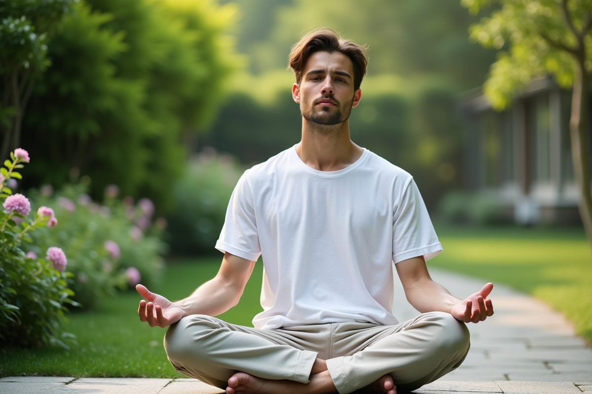 Jeune homme méditant sur un banc en pierre dans un jardin verdoyant