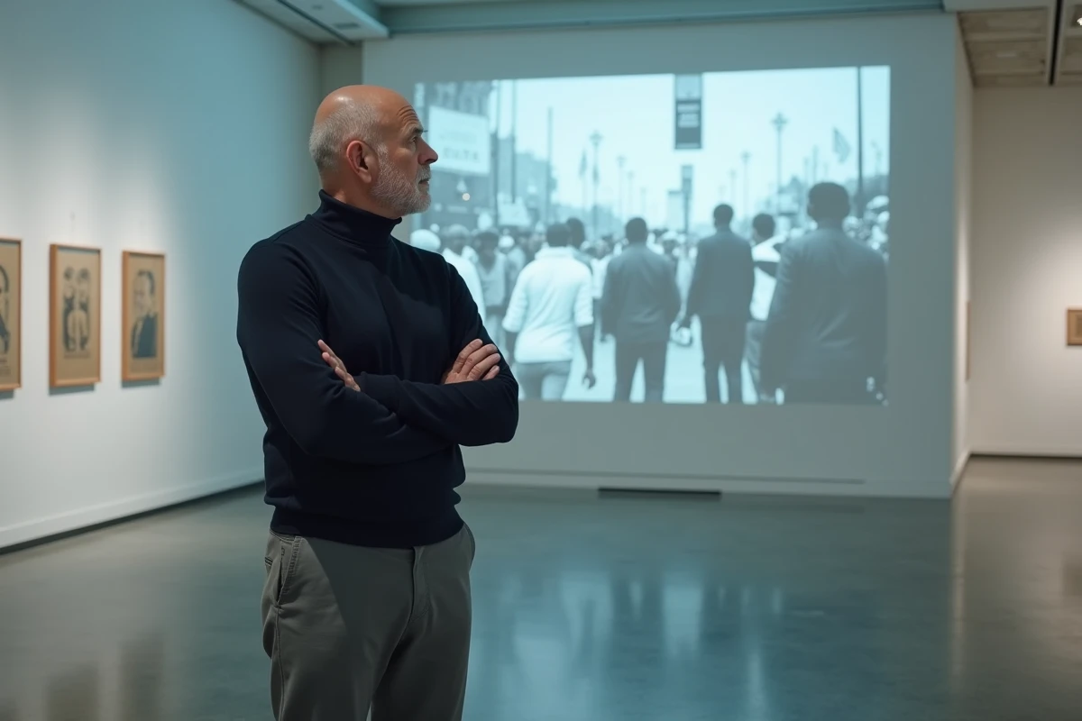Homme contemplatif devant une photographie historique de marche pour les droits civiques dans un musée, faisant écho au personnage du Professeur X et son combat pour les droits des mutants