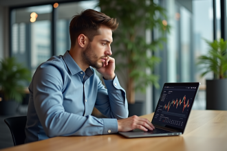 Jeune homme regardant les graphiques ETH en coworking