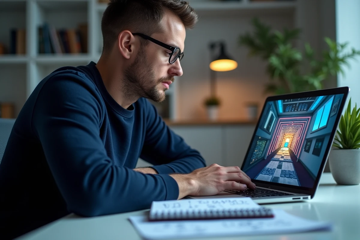 Homme consultant des solutions pour Rooms and Exit sur ordinateur portable avec des notes manuscrites dans un bureau moderne
