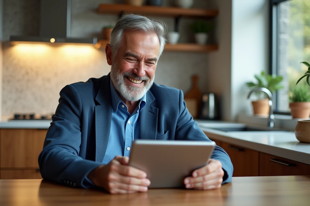 Homme souriant vérifiant ses résultats Keno sur tablette
