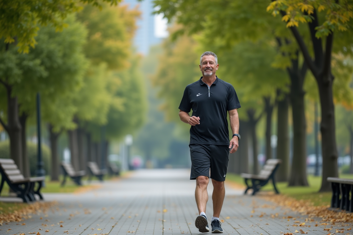 Homme en marche dans un parc urbain tranquille