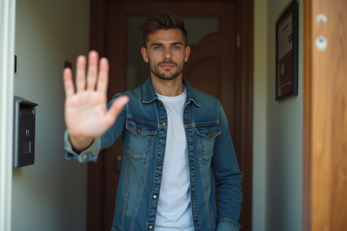 Jeune homme faisant signe d arrêter devant sa porte d entrée