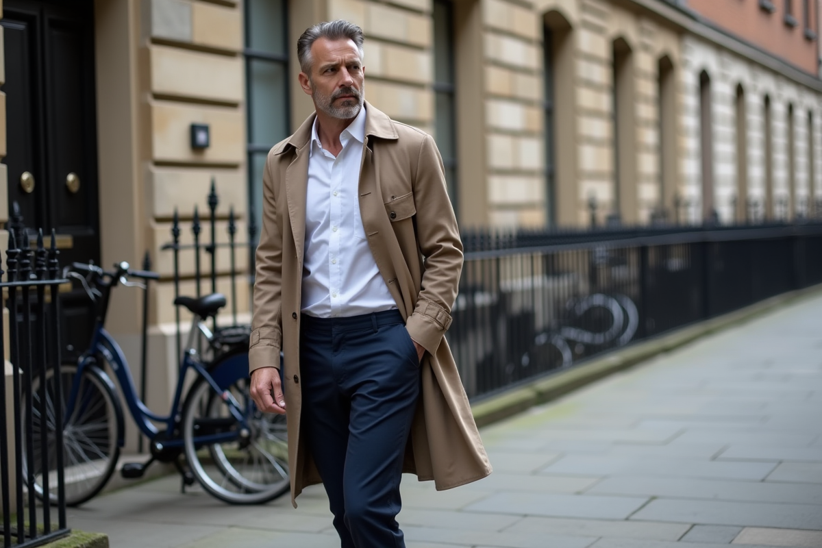 Homme en capsule wardrobe dans une rue de Londres