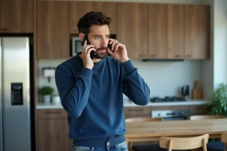 Homme en cuisine moderne parlant au téléphone