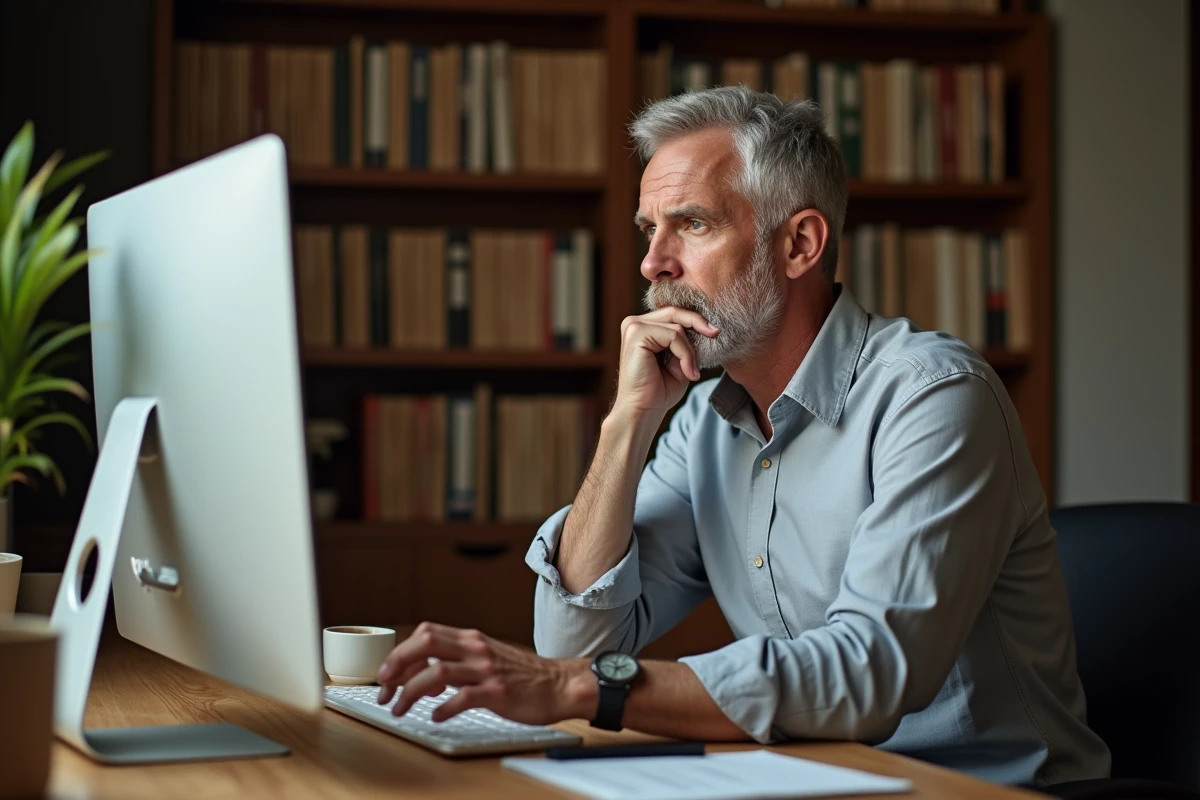 Homme en télétravail hésitant sur la formule de politesse à utiliser pour clore un e-mail professionnel