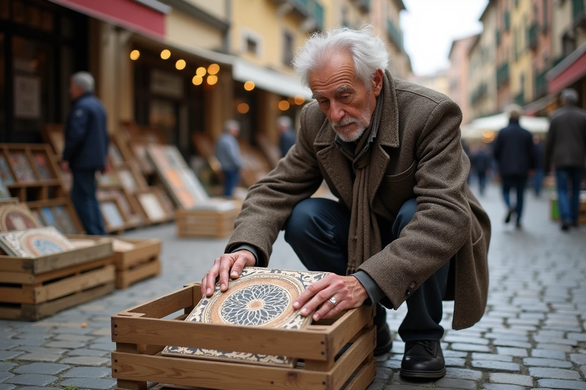 Homme âgé manipulant une tuiles dans un marché aux puces