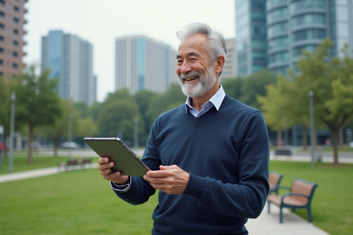 Homme age utilisant un appareil technologique dans un parc urbain