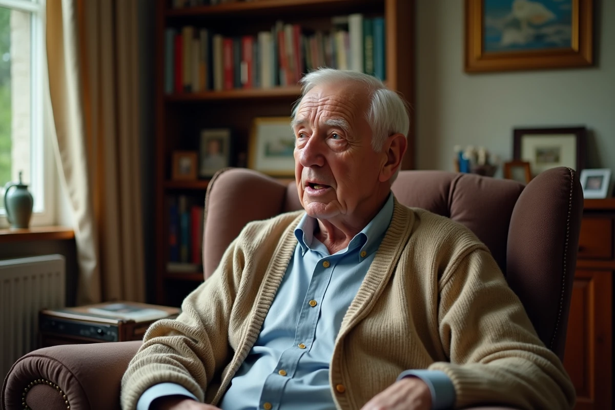 Homme âgé pensif dans un salon accueillant