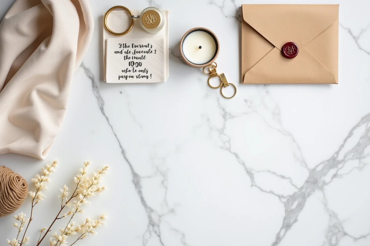 Flat lay de plusieurs idées de cadeaux personnalisés à moins de 5 euros pour femme sur fond marbre