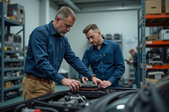 Ingénieur automobile examinant un chassis en atelier