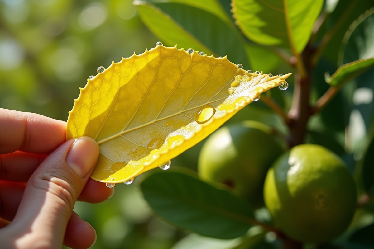 Main inspectant une feuille de citronnier jaunie avec gouttes d