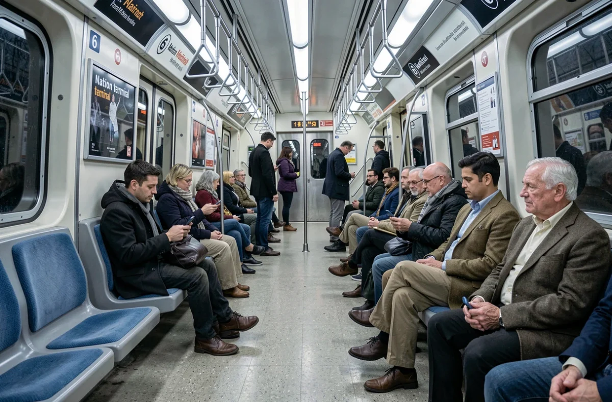 Intérieur d'une rame de la ligne 6 du métro de Paris avec des voyageurs en direction de la station Nation