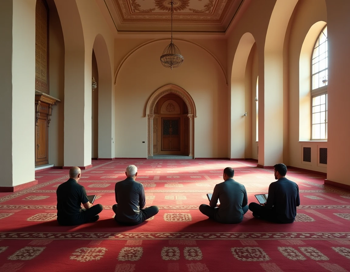 Intérieur d'une salle de prière de mosquée à Montpellier avec des fidèles lisant le Coran sur des tapis géométriques