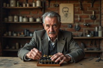 Homme âgé assemble une ancienne batterie dans son atelier