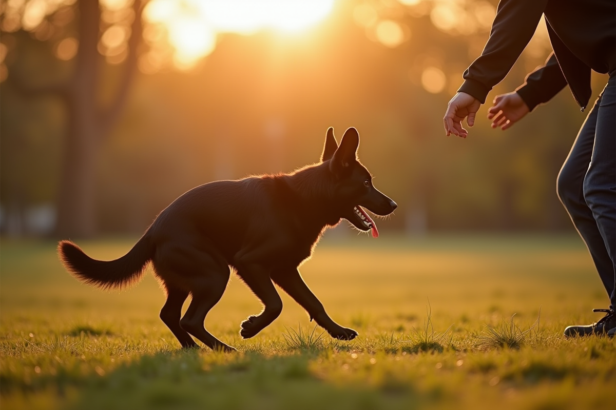 Berger allemand jouant à rapporter dans un parc au coucher du soleil