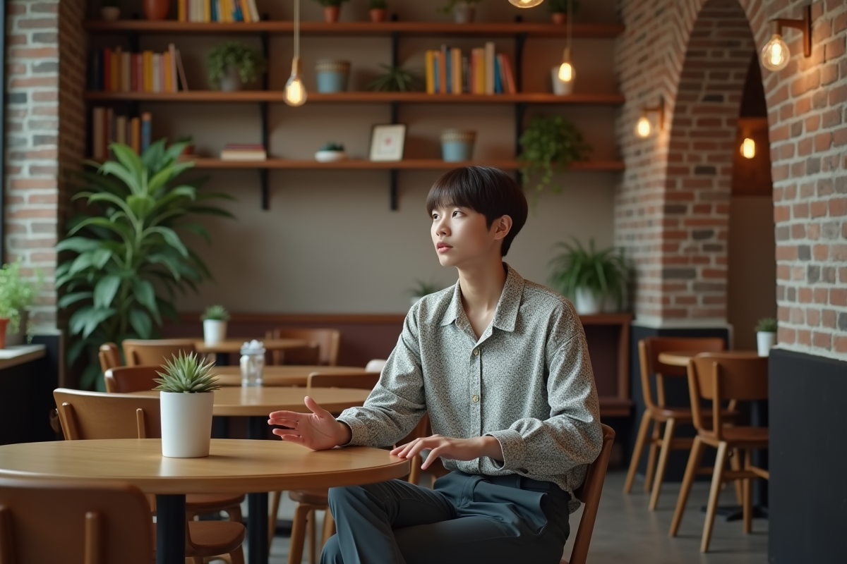 Jeune adulte nonbinaire au café accueillant