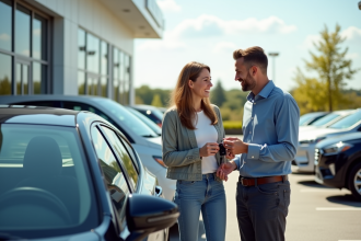 Jeune couple souriant inspectant une voiture d'occasion en concession