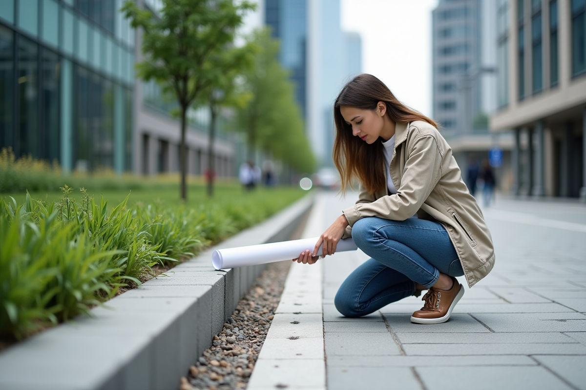 Jeune femme marquant une ligne sur une bordure urbaine