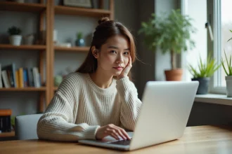 Jeune femme assise à un bureau moderne avec ordinateur portable