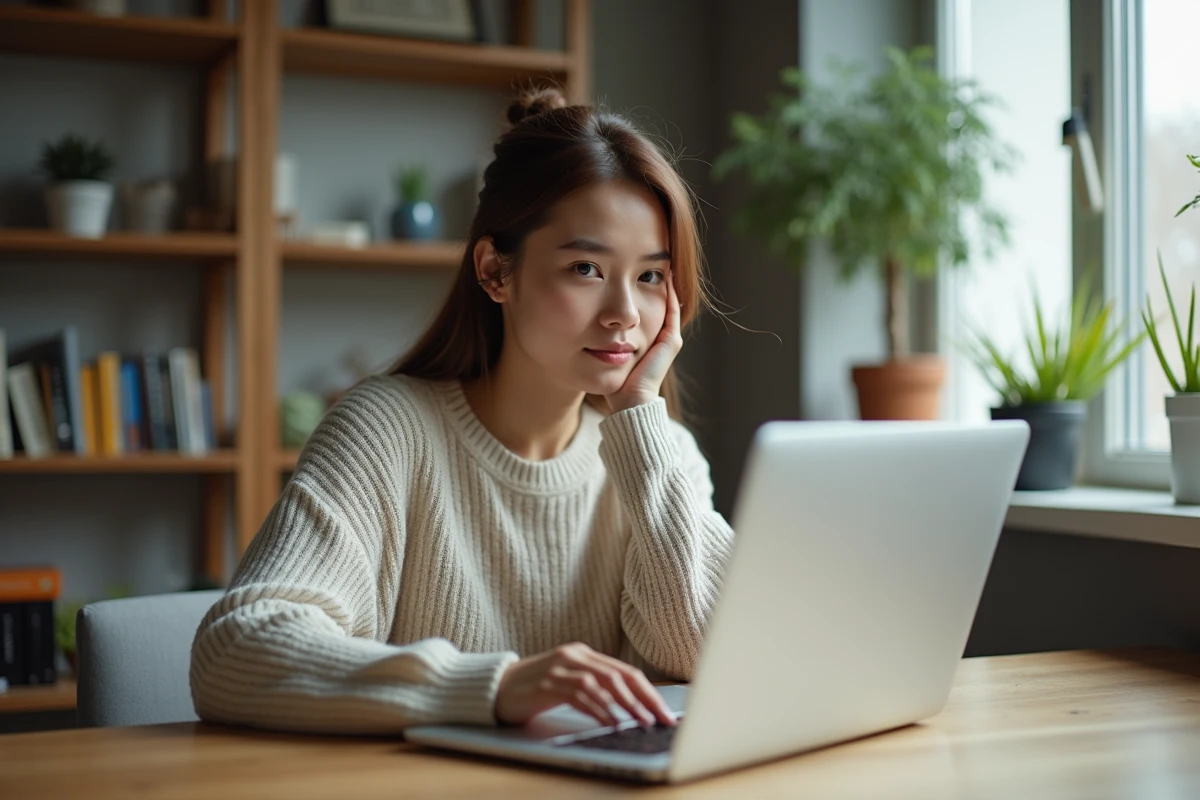 Jeune femme assise à un bureau moderne avec ordinateur portable