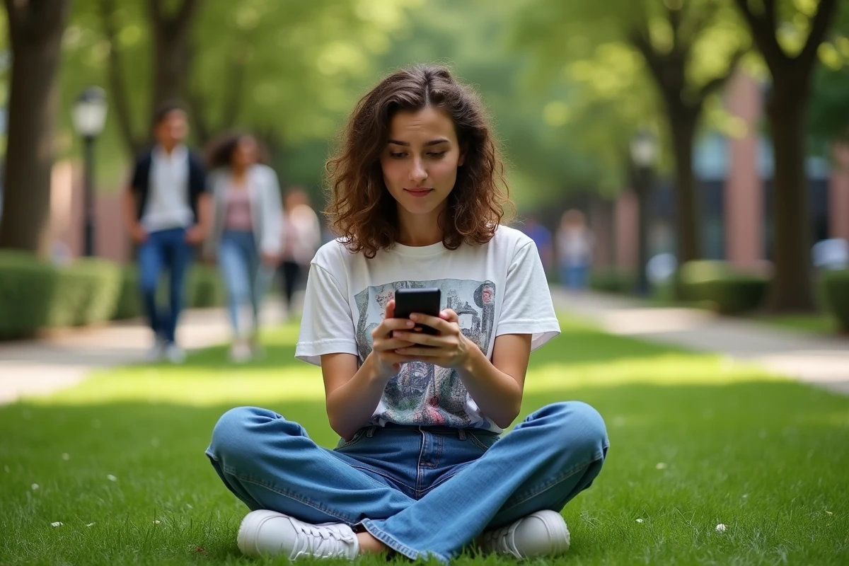 Jeune femme perplexe qui découvre les nouvelles expressions des jeunes sur son smartphone en campus