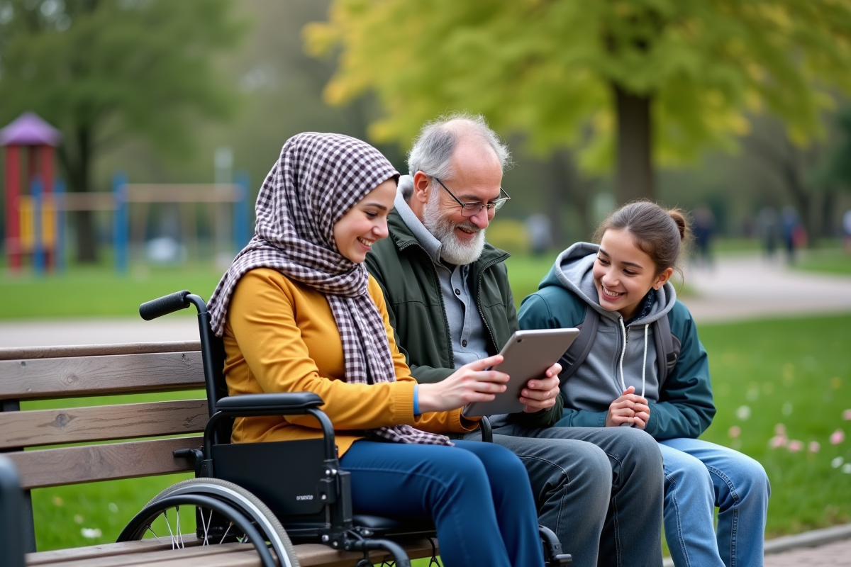 Jeune femme en hijab avec un homme en fauteuil dans un parc