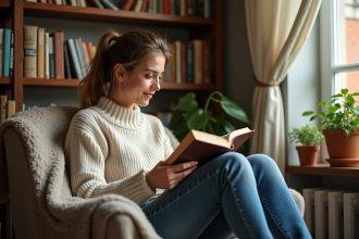 Jeune femme lisant un livre dans un coin lumineux