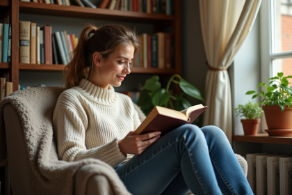 Jeune femme lisant un livre dans un coin lumineux