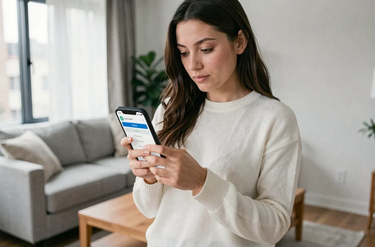 Jeune femme consultant le service client Darty sur son smartphone dans un salon moderne