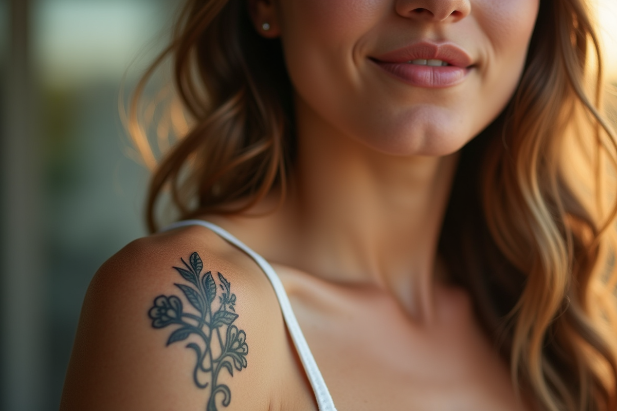 Jeune femme avec tatouage floral sur le bras en lumière naturelle