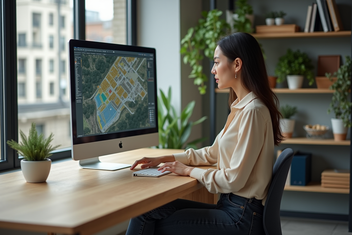 Jeune femme examine un plan de zonage numérique en bureau