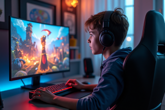 Jeune gamer assis devant un grand écran 4K en pleine action