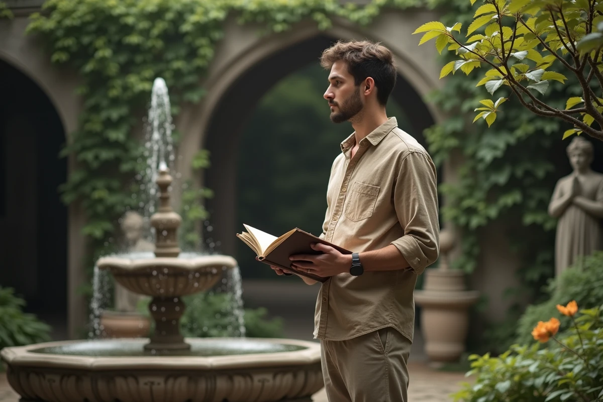 Jeune homme contemplant une fontaine ancienne dans un jardin mystique