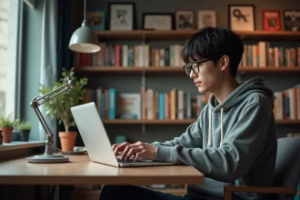 Jeune homme regardant un site manga sur son ordinateur