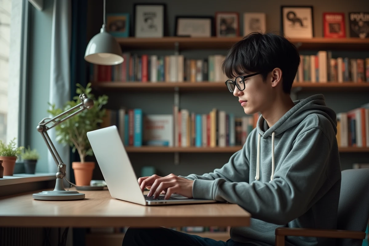 Jeune homme regardant un site manga sur son ordinateur