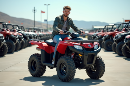 Jeune homme en jeans et veste sur un quad tout-terrain neuf