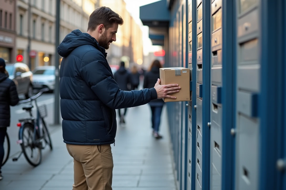 Jeune homme scannant un colis dans un casier urbain