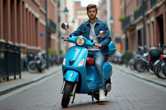 Jeune homme avec scooter bleu en ville dynamique
