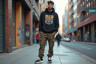 Jeune homme en streetwear dans une ville animée