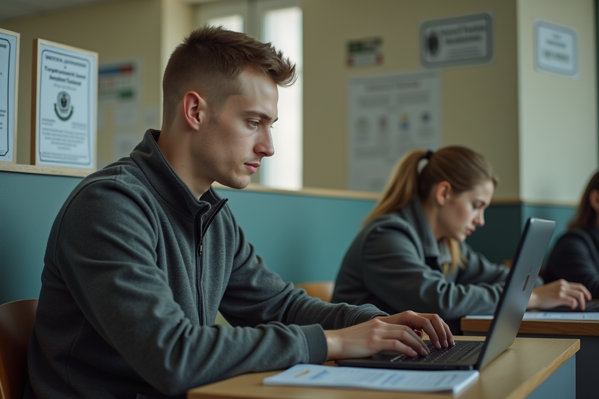 Jeune homme concentré travaillant sur un ordinateur dans un bureau public