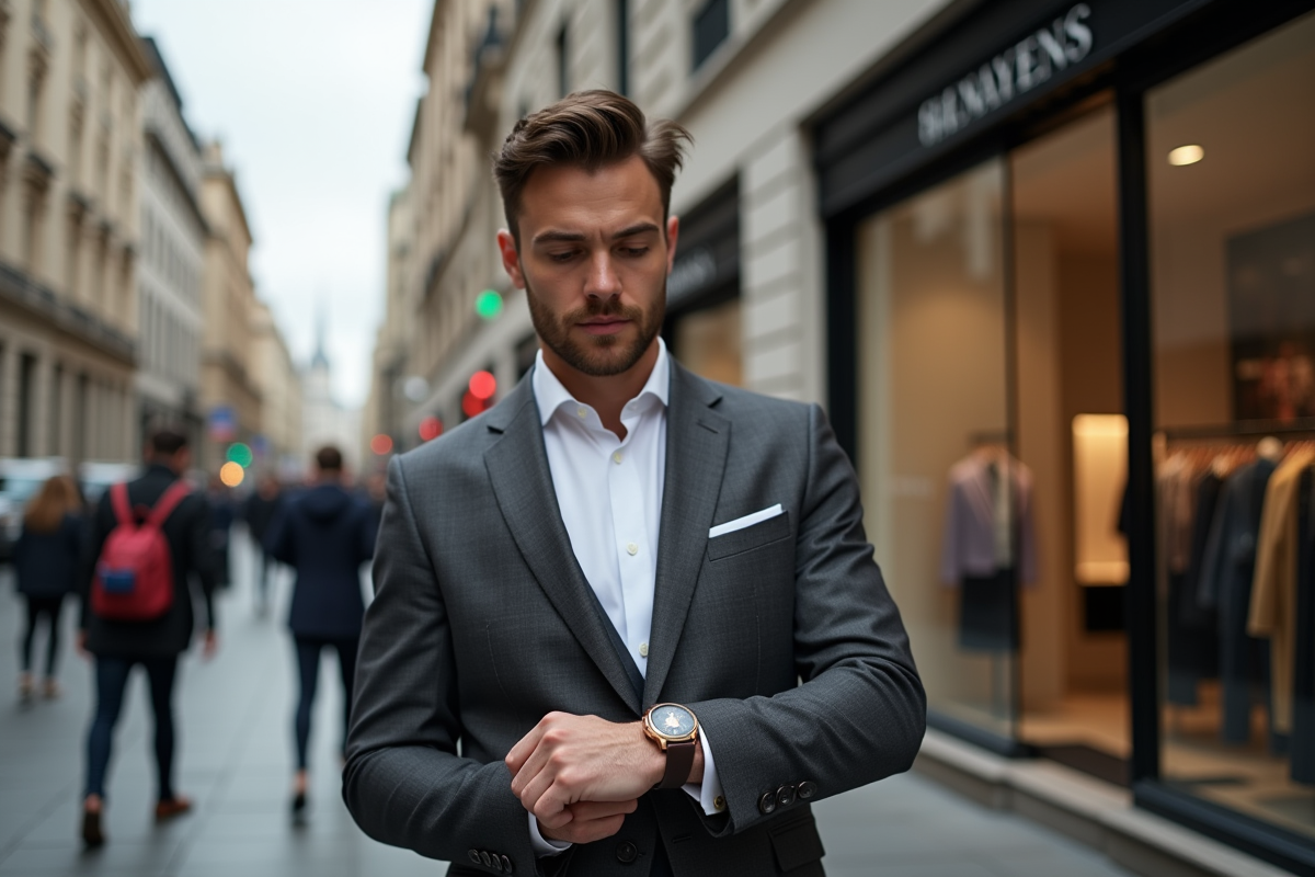 Jeune homme en costume dans la rue de la mode urbaine