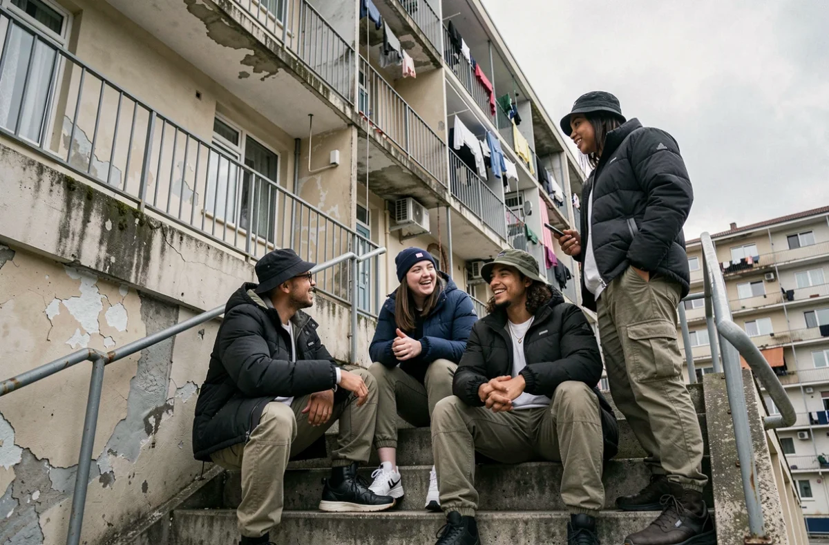 Groupe de jeunes adultes en tenue streetwear réunis devant une cité HLM, évoquant la solidarité communautaire et les réalités sociales des paroles de rap