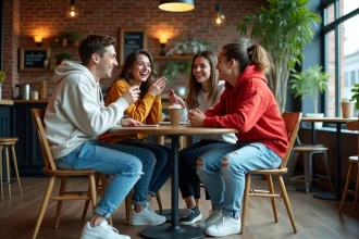 Groupe de jeunes adultes qui parlent argot et expressions tendance 2026 autour d'un café urbain