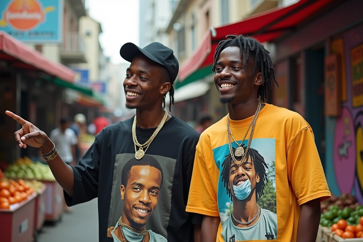 Deux jeunes hommes en marché urbain réagissant avec humour aux expressions et au langage jeune 2026