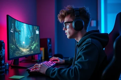 Joueur solo concentré sur sa stratégie de jungle en League of Legends devant un setup gaming RGB