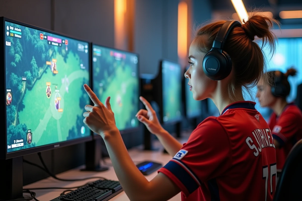 Joueuse de jungle en solo queue analysant la carte tactique sur double écran dans un espace esport moderne